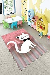 Pelangi Pembe Kedi Desenli Yıkanabilir Kaymaz Taban Leke Tutmazbebek Ve Çocuk Odası Halısı, Gri-Pembe 100 x 150