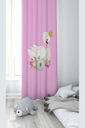 Pelangi Pembe Kuğu Desenli Dijital Baskı Yıkanabilir Bebek Çocuk Odası Fon Perdesi, açık pembe-beyaz 70 x 200
