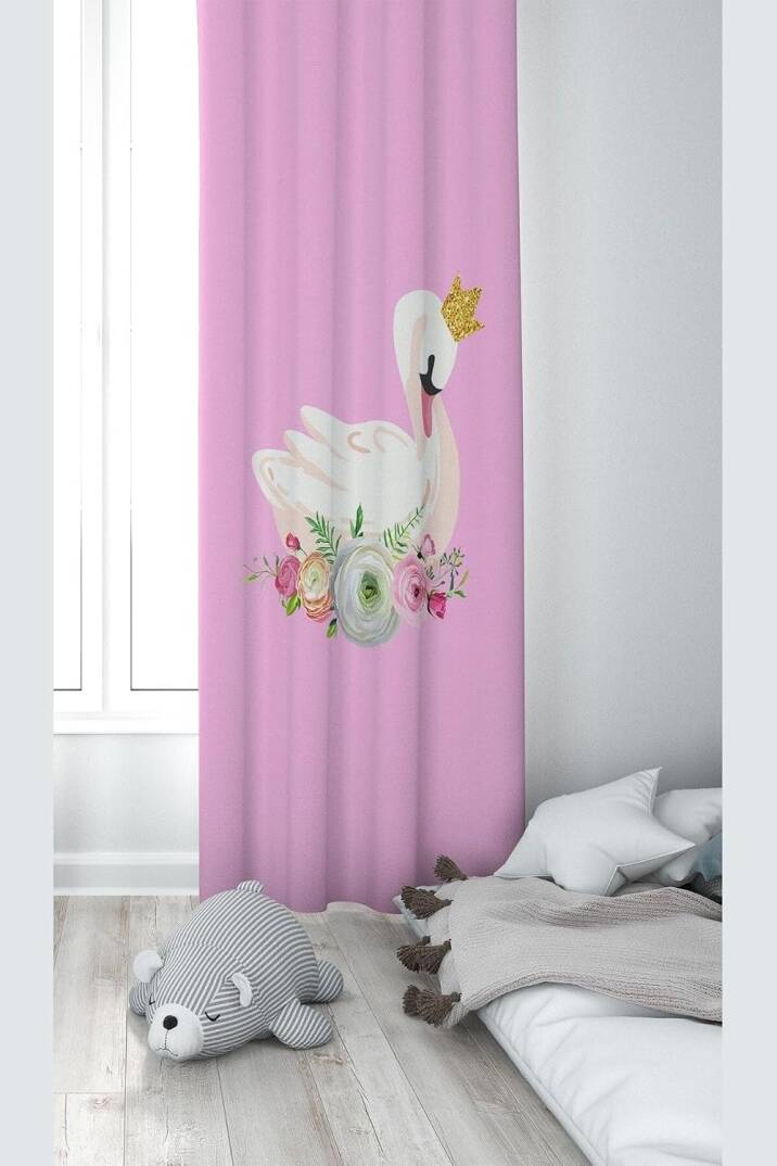Pelangi Pembe Kuğu Desenli Dijital Baskı Yıkanabilir Bebek Çocuk Odası Fon Perdesi, açık pembe-beyaz 70 x 200 - 1