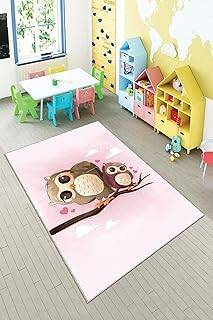 Pelangi Pembe Kuş Desenli Yıkanabilir Kaymaz Taban Leke Tutmazbebek Ve Çocuk Odası Halısı, Pembe-Kahve 80 x 600