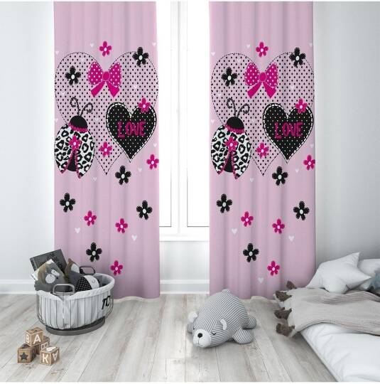 Pelangi Pembe Love Desenli Dijital Baskı Yıkanabilir Bebek Çocuk Odası Fon Perdesi, pembe-siyah 70 x 200