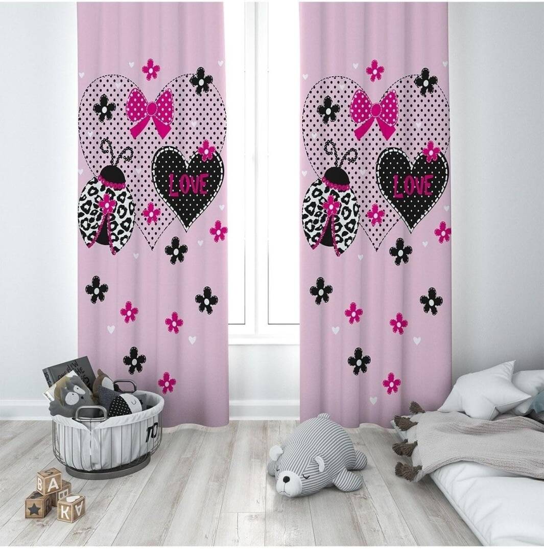 Pelangi Pembe Love Desenli Dijital Baskı Yıkanabilir Bebek Çocuk Odası Fon Perdesi, pembe-siyah 70 x 200 - 1