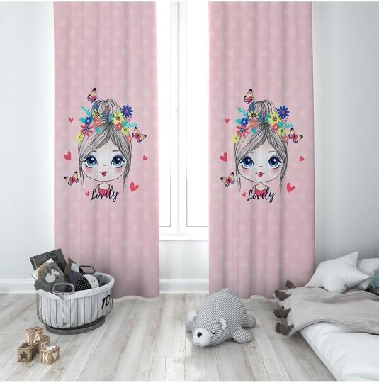 Pelangi Pembe Prenses Desenli Dijital Baskı Yıkanabilir Bebek Çocuk Odası Fon Perdesi, koyu pembe-mavi 140 x 240