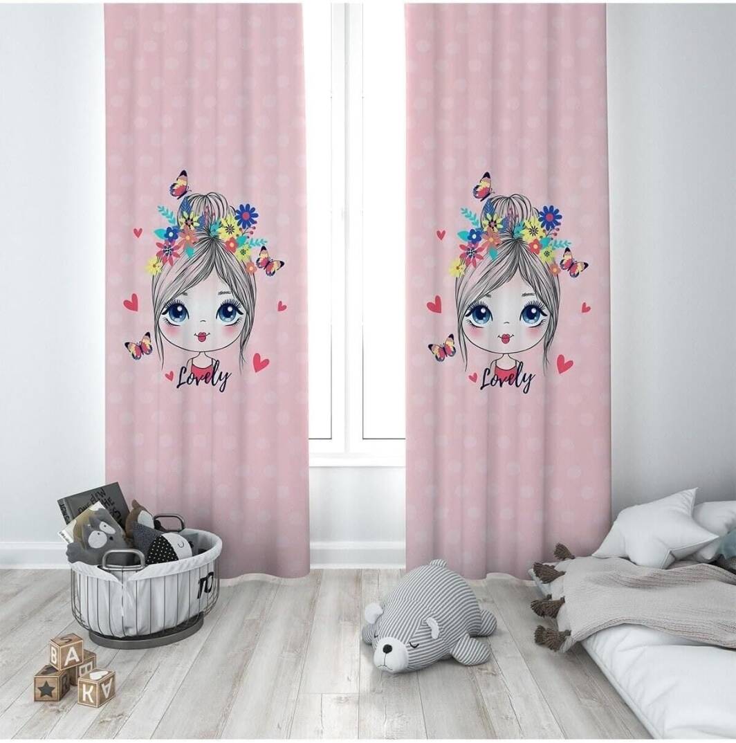 Pelangi Pembe Prenses Desenli Dijital Baskı Yıkanabilir Bebek Çocuk Odası Fon Perdesi, koyu pembe-mavi 140 x 240 - 1