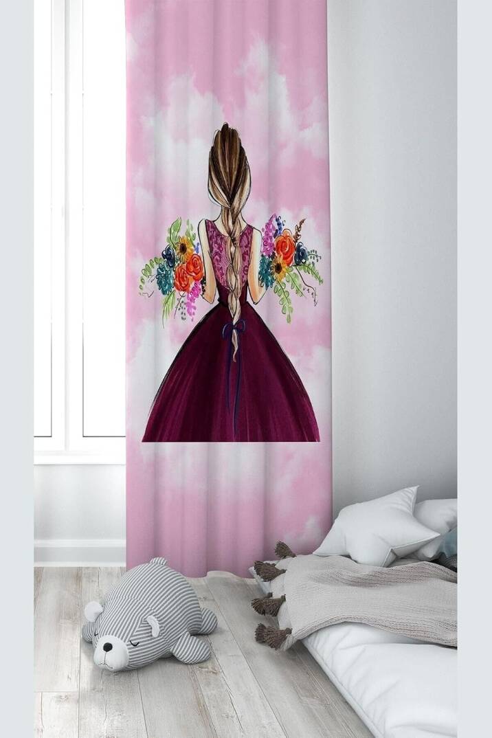 Pelangi Pembe Prenses Desenli Dijital Baskı Yıkanabilir Bebek Çocuk Odası Fon Perdesi, pembe 140 x 240 - 1