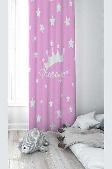 Pelangi Pembe Prensesim Yazılı Dijital Baskı Yıkanabilir Bebek Çocuk Odası Fon Perdesi, pembe-beyaz 70 x 270