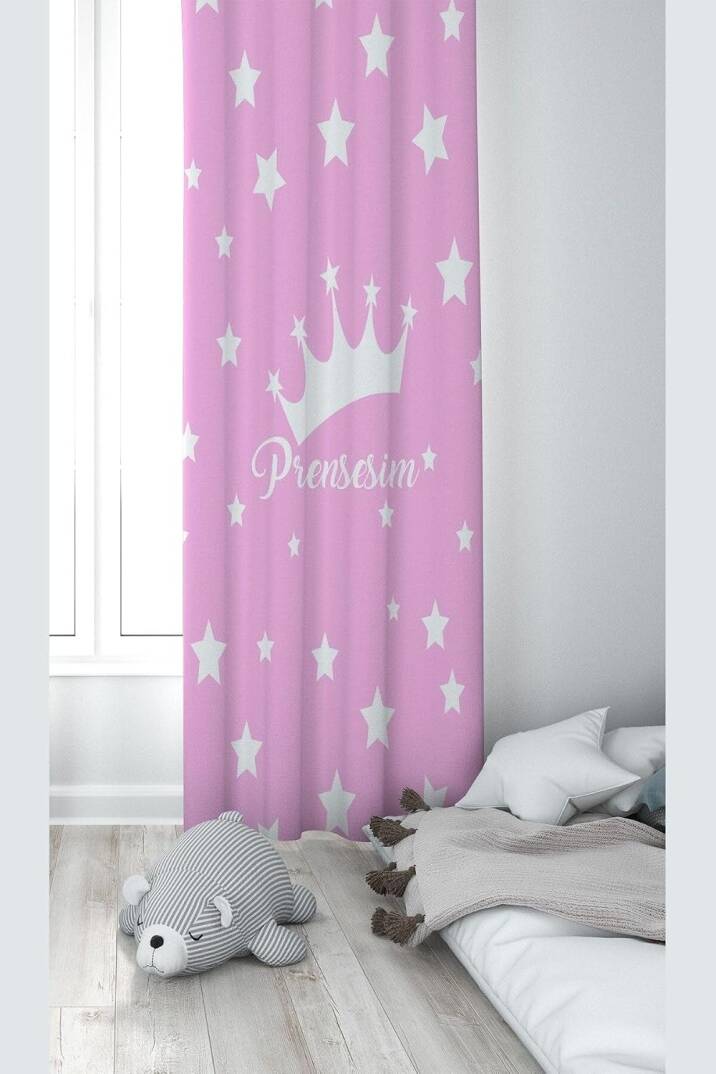 Pelangi Pembe Prensesim Yazılı Dijital Baskı Yıkanabilir Bebek Çocuk Odası Fon Perdesi, pembe-beyaz 70 x 270 - 1