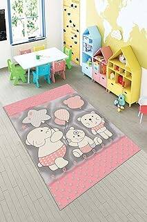 Pelangi Pembe Sevimli Hayvan Desenli Yıkanabilir Kaymaz Taban Leke Tutmazbebek Ve Çocuk Odası Halısı, Pembe 160 x 300