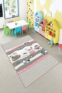 Pelangi Pembe Sevimli Hayvanlar Desenli Yıkanabilir Kaymaz Taban Leke Tutmazbebek Ve Çocuk Odası Halısı, Pembe-Kahve 80 x 400