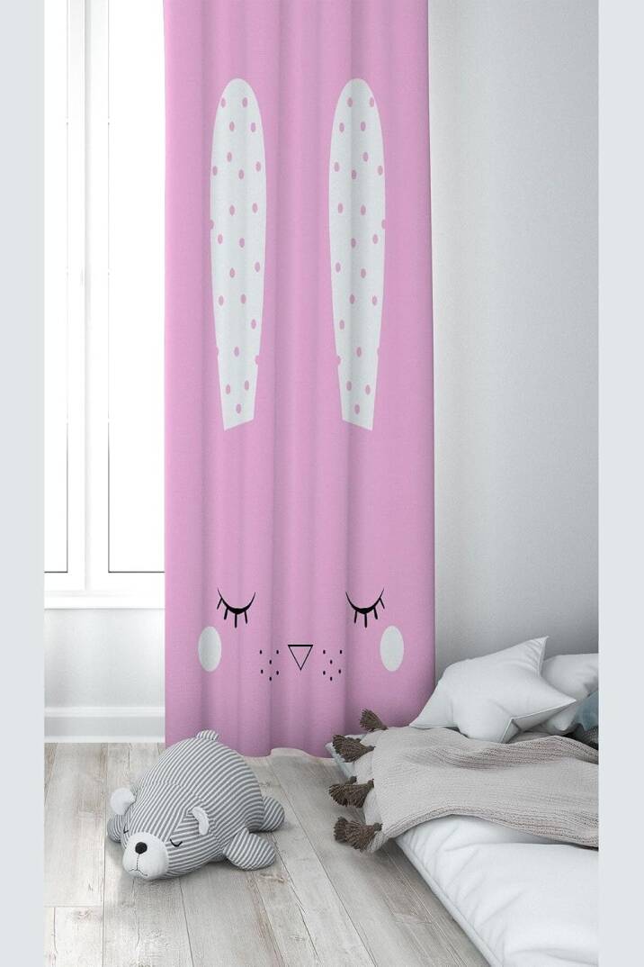 Pelangi Pembe Tavşan Desenli Dijital Baskı Yıkanabilir Bebek Çocuk Odası Fon Perdesi, şeker pembe-beyaz 70 x 270 - 1