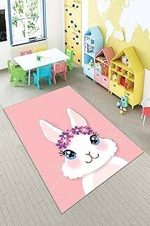 Pelangi Pembe Tavşan Desenli Yıkanabilir Kaymaz Taban Leke Tutmazbebek Ve Çocuk Odası Halısı, Pembe-Beyaz 80 x 400, 90135708080400