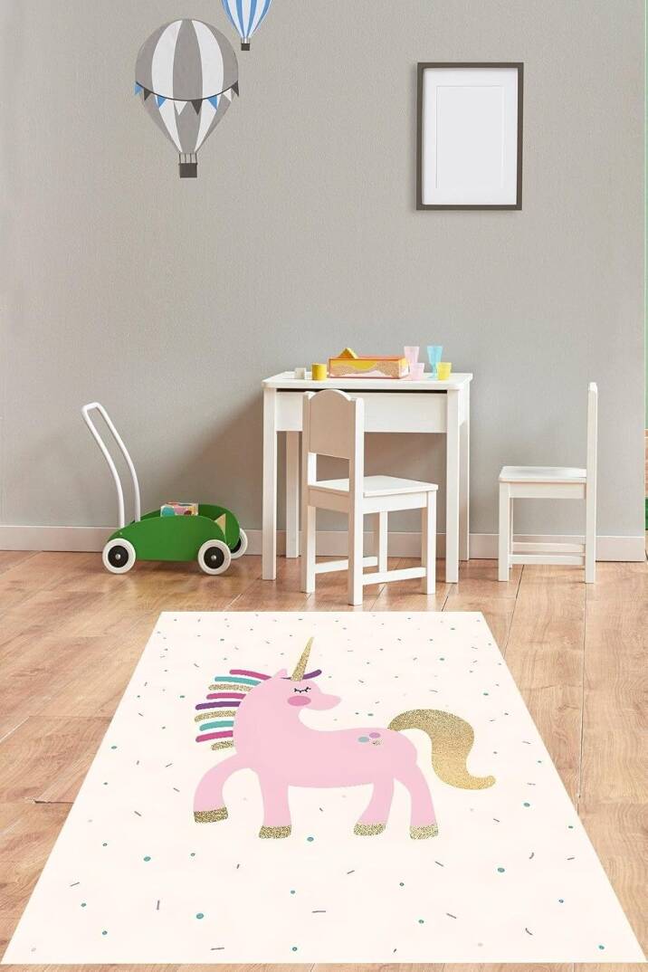 Pelangi Pembe Tek Boynuzlu At Desenli Yıkanabilir Kaymaz Taban Leke Tutmaz Çocuk Odası Halısı, Pembe 120 x 200 - 1