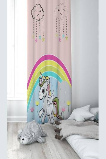Pelangi Pembe Unicorn Desenli Dijital Baskı Yıkanabilir Bebek Çocuk Odası Fon Perdesi, pudra-renkli 140 x 270