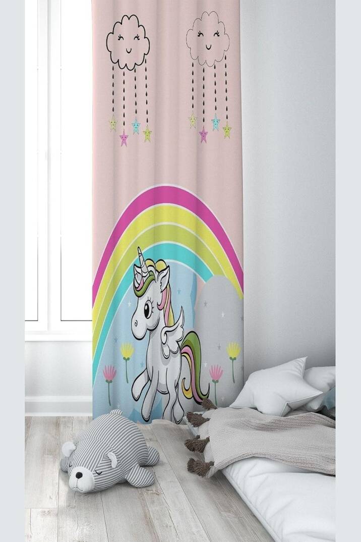 Pelangi Pembe Unicorn Desenli Dijital Baskı Yıkanabilir Bebek Çocuk Odası Fon Perdesi, pudra-renkli 140 x 270 - 1