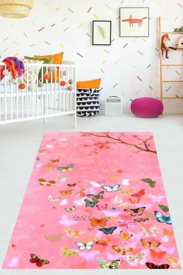 Pelangi Pembe Zemin Renkli Kelebekler Yıkanabilir Kaymaz Taban Leke Tutmaz Çocuk Odası Halısı, Pembe-Kahverengi 40 x 40
