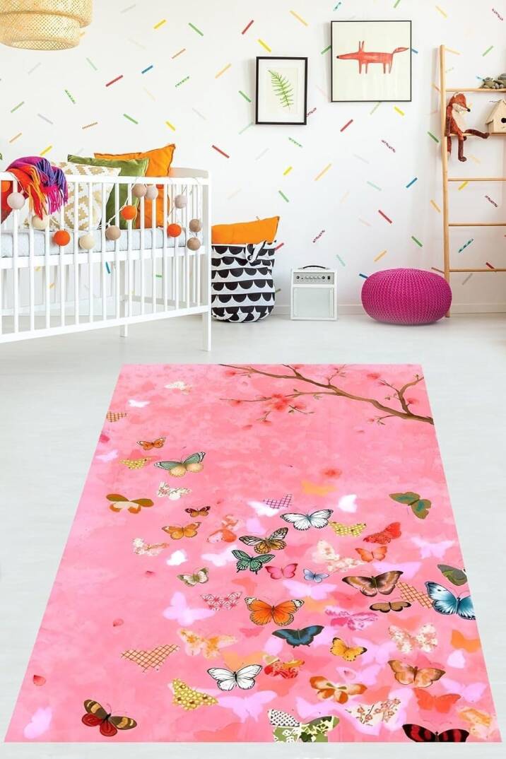 Pelangi Pembe Zemin Renkli Kelebekler Yıkanabilir Kaymaz Taban Leke Tutmaz Çocuk Odası Halısı, Pembe-Kahverengi 40 x 40 - 1