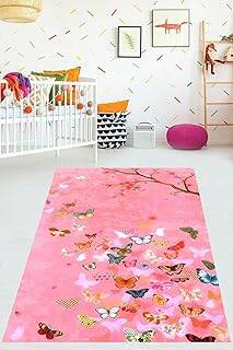 Pelangi Pembe Zemin Renkli Kelebekler Yıkanabilir Kaymaz Taban Leke Tutmaz Çocuk Odası Halısı, Pembe-Kahverengi 40 x 40