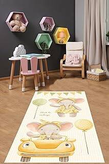 Pelangi Piti Kare Zemn Sevimli Arabalı Balonlu Fil Yıkanabilir Kaymaz Taban Leke Tutmaz Çocuk Odası Halısık, Sarı-Yeşil 180 x 300 - 1