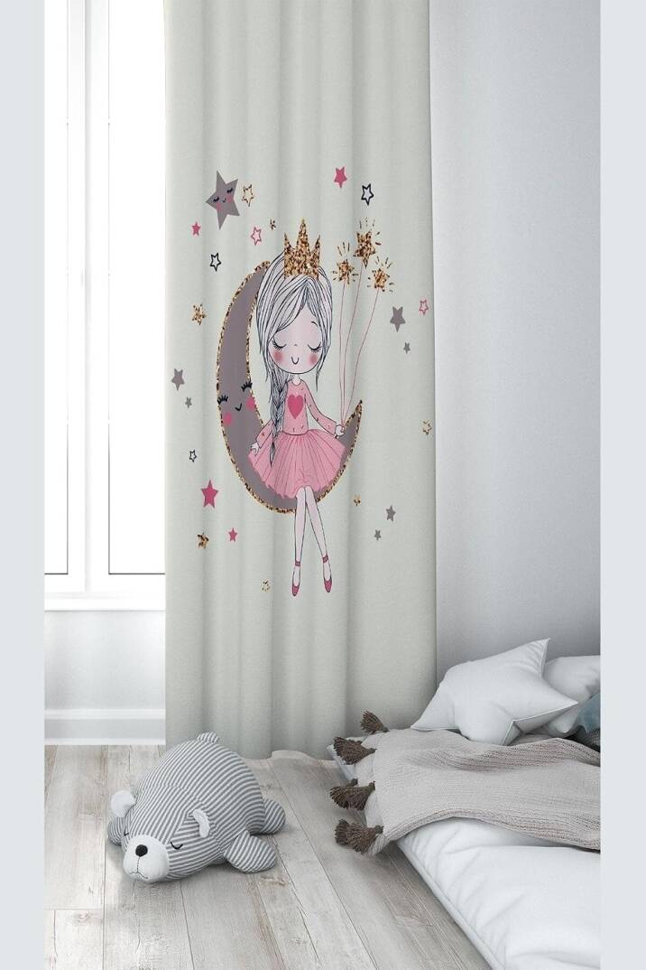 Pelangi Prensen Ay Ve Yıldız Desenli Dijital Baskı Yıkanabilir Bebek Çocuk Odası Fon Perdesi, karışık renkli 140 x 270 - 1