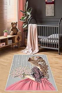 Pelangi Prenses Kız Desenli Çiçekli Halı Dijital Baskı Yıkanabilir Kaymaz Taban Kız Çocuk Odası Halısı, Gri-Pembe 40 x 40