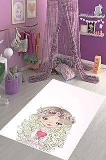 Pelangi Prenses Kız Desenli Kalpli Dijital Baskı Yıkanabilir Kaymaz Taban Genç Kız Odası Halısı, Beyaz 80 x 250 - 1