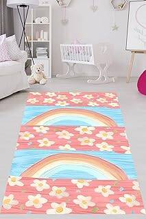 Pelangi Renkli Çiçekler Ve Gökkuşağı Yıkanabilir Kaymaz Taban Leke Tutmaz Çocuk Odası Halısı, Mavi-Pembe 80 x 200 - 1