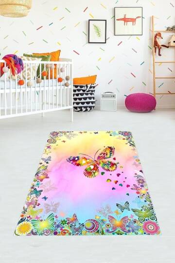 Pelangi Renkli Kelebek Çiçek Desenli Dijital Baskı Yıkanabilir Kaymaz Taban Leke Tutmaz Çocuk Odası Halısı, pembe 160 x 250