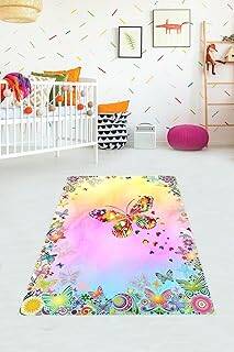 Pelangi Renkli Kelebek Çiçek Desenli Dijital Baskı Yıkanabilir Kaymaz Taban Leke Tutmaz Çocuk Odası Halısı, pembe 160 x 250 - 1