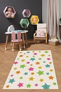 Pelangi Renkli Yıldızlar Yıkanabilir Kaymaz Taban Leke Tutmaz Çocuk Odası Halısı, Beyaz-Pembe-Yeşil-Sarı-Turuncu 100 x 150, 9038680030100150