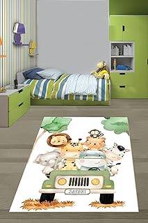 Pelangi Safari Hayvanlar Fil Aslan Zürafa Yıkanabilir Kaymaz Taban Leke Tutmaz Çocuk Odası Halısık, Yeşil-Beyaz-Gri 160 x 230, 76420041602301 - 1
