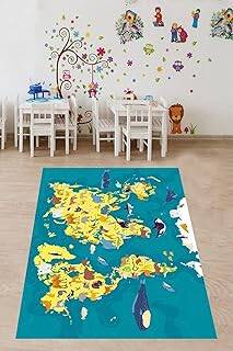 Pelangi Safari Karada ve Suda Yaşayan Hayvanlar Yıkanabilir Kaymaz Taban Leke Tutmaz Çocuk Odası Halısı, Turkuaz-Sarı 120 x 160, 9038680157120160 - 1