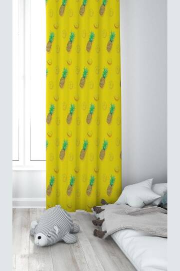 Pelangi Sarı Ananas Desenli Dijital Baskı Yıkanabilir Bebek Çocuk Odası Fon Perdesi, sarı 140 x 270