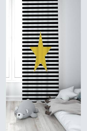 Pelangi Sarı Yıldız Desenli Dijital Baskı Yıkanabilir Bebek Çocuk Odası Fon Perdesi, siyah-sarı 140 x 240