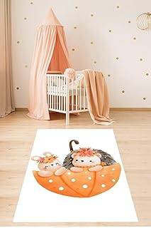 Pelangi Şemsiyedeki Ayıcık ve Tavşan Sevimli Hayvan Yıkanabilir Kaymaz Taban Leke Tutmaz Çocuk Odası Halısık, Turuncu-Kahve-Beyaz 160 x 240, 76420501602401 - 1