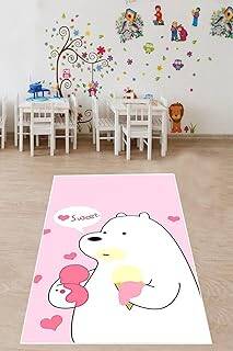 Pelangi Sevimli Ayı Desenli Halı Dijital Baskı Yıkanabilir Kaymaz Taban Leke Tutmaz Çocuk Odası Halısı, Pembe-Beyaz 100 x 600