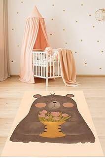Pelangi Sevimli Ayıcık ve Piti Çiçekli Yıkanabilir Kaymaz Taban Leke Tutmaz Çocuk Odası Halısık, Kahve-Sarı 180 x 300