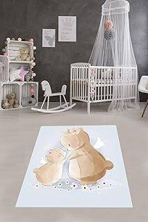 Pelangi Sevimli Ayıcıklar Desenli Çiçekli Dijital Baskılı Kaymaz Yıkanabilir Leke Tutmaz Çocuk Odası Halısı, mavi 80 x 350 - 1