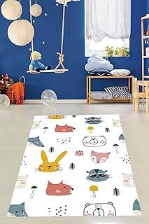 Pelangi Sevimli Hayvanlar Alemi Animal Tavşan Tilki Yıkanabilir Kaymaz Taban Leke Tutmaz Çocuk Odası Halısı, Beyaz-Pembe-Mavi-Hardal 160 x 300, 9038680155160300 - 1