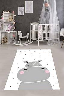 Pelangi Sevimli Hipopotam Su Aygırı Yıldızlı Yıkanabilir Kaymaz Taban Leke Tutmaz Çocuk Odası Halısık, Gri-Beyaz-Siyah 160 x 300, 76420421603001 - 1