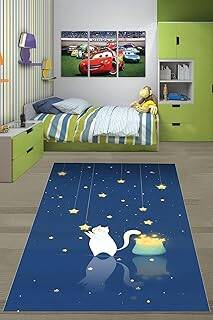 Pelangi Sevimli Kedi Yıldızlar Yıkanabilir Kaymaz Taban Leke Tutmaz Çocuk Odası Halısı, Lacivert-Beyaz-Sarı 80 x 400 - 1