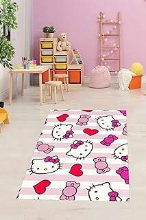 Pelangi Sevimli Kedili Kalpli Halı Dijital Baskı Yıkanabilir Kaymaz Taban Çocuk Odası Halıs, Pembe-Beyaz 100 x 300 - 1