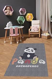 Pelangi Sevimli Panda Gri Yıkanabilir Kaymaz Taban Leke Tutmaz Çocuk Odası Halısı, Siyah-Beyaz-Gri-Turuncu 80 x 350, 9038680056280350 - 1