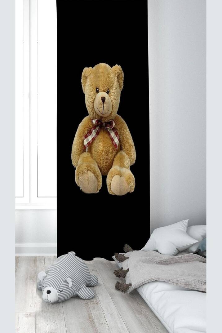 Pelangi Siyah Ayıcık Desenli Dijital Baskı Yıkanabilir Bebek Çocuk Odası Fon Perdesi, siyah-kahverengi 140 x 240 - 1