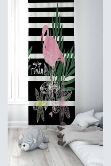 Pelangi Siyah Beyaz Filamingo Desenli Dijital Baskı Yıkanabilir Bebek Çocuk Odası Fon Perdesi, pembe-siyah 140 x 200