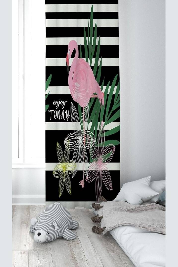 Pelangi Siyah Beyaz Filamingo Desenli Dijital Baskı Yıkanabilir Bebek Çocuk Odası Fon Perdesi, pembe-siyah 140 x 200 - 1