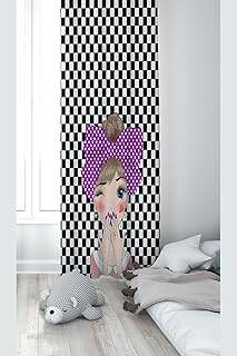 Pelangi Siyah Beyaz Fiyonklu Kız Desenli Dijital Baskı Yıkanabilir Bebek Çocuk Odası Fon Perdesi, dama desenli 70 x 200
