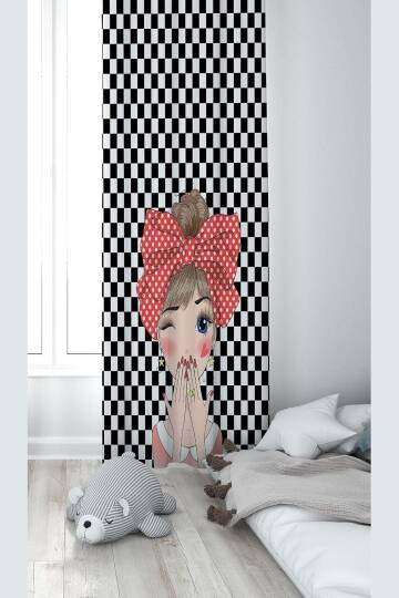Pelangi Siyah Beyaz Şaşkın Kız Desenli Dijital Baskı Yıkanabilir Bebek Çocuk Odası Fon Perdesi, siyah-beyaz 140 x 270