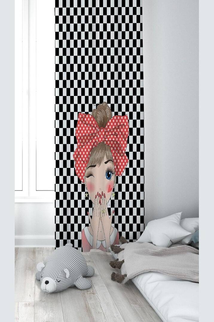 Pelangi Siyah Beyaz Şaşkın Kız Desenli Dijital Baskı Yıkanabilir Bebek Çocuk Odası Fon Perdesi, siyah-beyaz 140 x 270 - 1