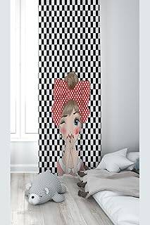 Pelangi Siyah Beyaz Şaşkın Kız Desenli Dijital Baskı Yıkanabilir Bebek Çocuk Odası Fon Perdesi, siyah-beyaz 140 x 270 - 1