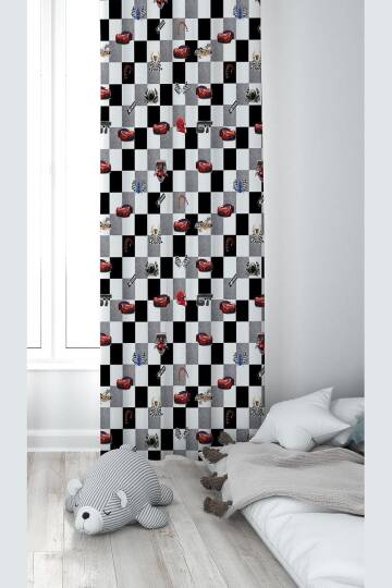 Pelangi Siyah Beyaz Yarış Arabası Desenli Dijital Baskı Yıkanabilir Bebek Çocuk Odası Fon Perdesi, siyah-kırmızı 140 x 200